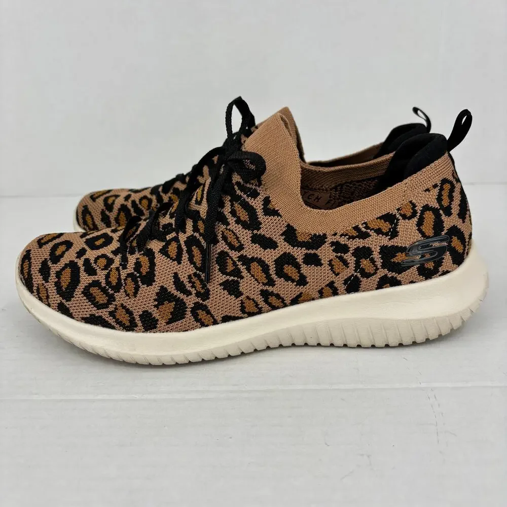 Skechers‎ Ultra Flex Safari Sneakers Size 10 Brown Black Leopard Knit Slip On